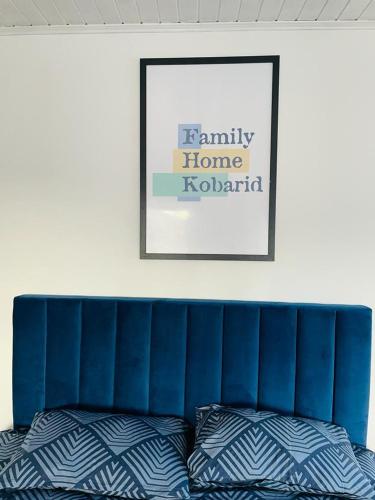 a blue couch with two pillows in a room at Family Home Kobarid - Soca and Nadiza apartament in Kobarid