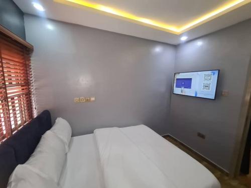 a bedroom with a bed and a tv on a wall at Wine House, Maitama, Abuja in Abuja