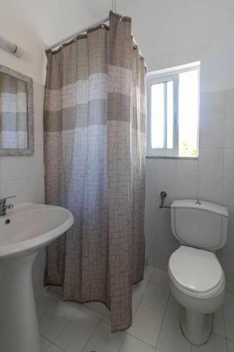 a bathroom with a sink and a toilet and a window at Fotis house in Afantou