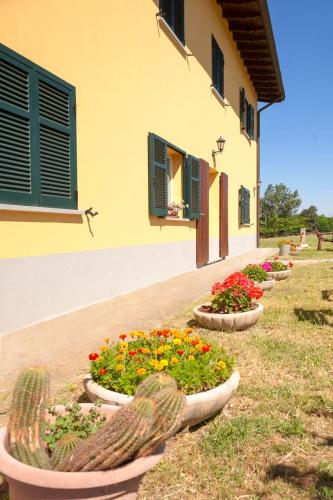 a row of flower pots in front of a building at Cascina Giacometta in Novi Ligure