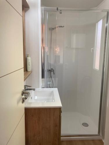 a white bathroom with a sink and a shower at Camping Mas Piques in Bourg-Madame