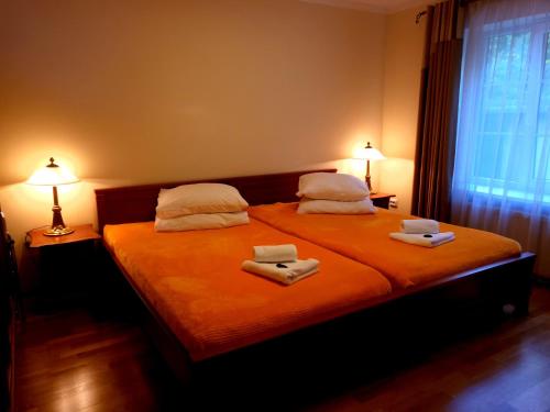 sypialnia z łóżkiem z dwoma ręcznikami w obiekcie Guest House Poilsis Jums w Kłajpedzie