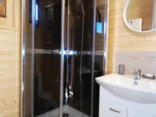 a bathroom with a shower and a sink at Domki Na Stoku Laworty in Ustrzyki Dolne