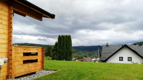 a wooden house on a hill with a green field at Domki Na Stoku Laworty in Ustrzyki Dolne