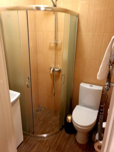 a bathroom with a shower and a toilet at Guest House Poilsis Jums in Klaipėda