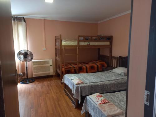1 Schlafzimmer mit 2 Etagenbetten und einem Ventilator in der Unterkunft Guest Houze Nona in Sugdidi