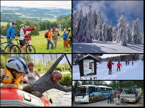 a collage of photos of people on a mountain at Apartment U Anděla in Dlouhá Ves