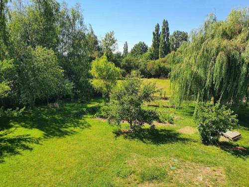 un parc avec des arbres et un banc dans un champ dans l'établissement Chambre d'hôtes à la campagne "Le coudry", à Serley