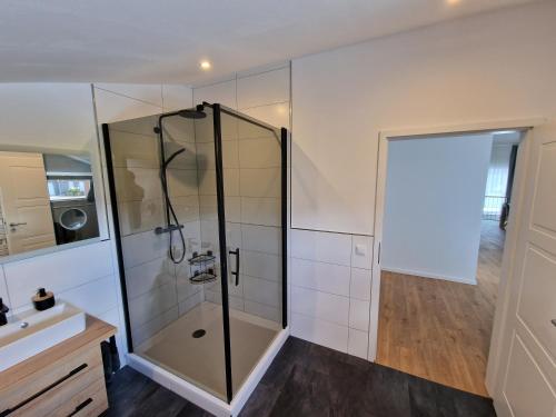 a bathroom with a shower and a sink at Ferienwohnung Eifeloase in Nideggen