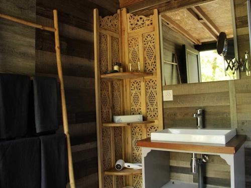 a bathroom with a sink and a mirror at Palika Lodge in Castets