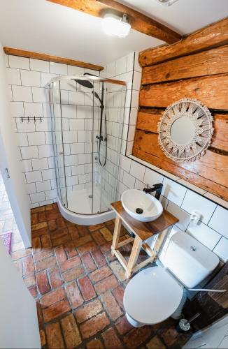 a bathroom with a shower and a toilet and a sink at Alpakowo- Wolna Chata 20 in Drohiczyn