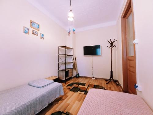 a room with two beds and a flat screen tv at Casa de Vacanta Rodica in Sulina