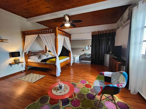 a bedroom with a bed with a canopy at Le Paille en Queue Résidence Touristique in Saint-Louis