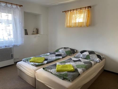 een slaapkamer met twee bedden met groene kussens erop bij ubytovanie OPÁL in Štúrovo