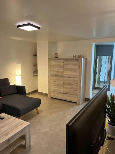 a living room with a couch and a tv at L'appart du RIED in Heidolsheim