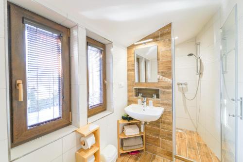a bathroom with a sink and a glass shower at Penzion Sagan in Terchová