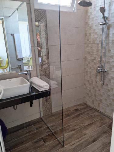 a bathroom with a shower and a sink and a mirror at Vromos Guest House in Chernomorets