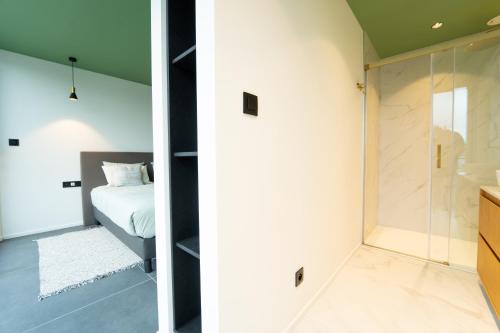 - une chambre et une salle de bains avec un lit et une douche dans l'établissement Green Appart - A&B Best Quality - Mons City Center, à Mons