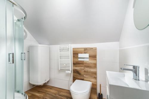 a white bathroom with a toilet and a sink at Statki Na Niebie in Rowy