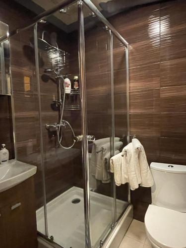 een badkamer met een douche, een toilet en een wastafel bij PRZYSTANEK KATOWICE Brynowska 55A in Katowice