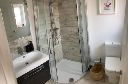 a bathroom with a shower and a sink and a toilet at Beautiful 4 Double Bedroom House in Poole with Hot tub, near Sandbanks in Poole