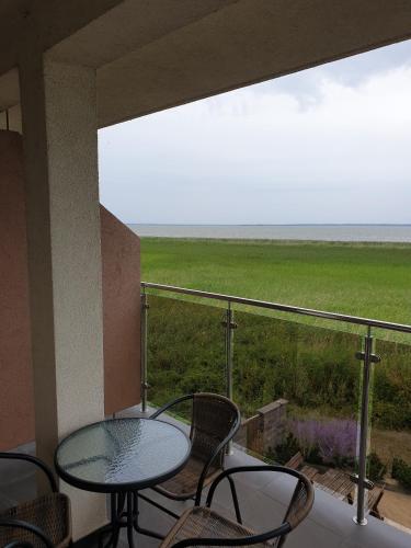 a balcony with a table and chairs and a view of the ocean at Apartamenty z widokiem na Zalew in Krynica Morska