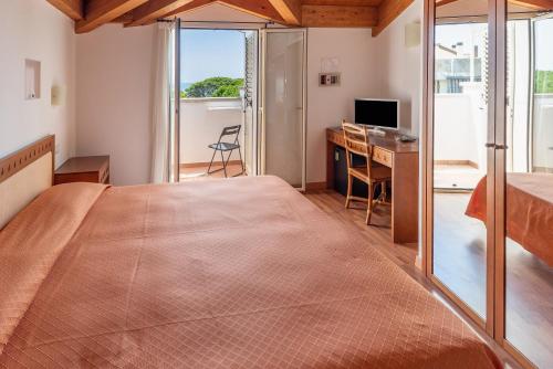 1 dormitorio con 1 cama grande, escritorio y TV en Hotel Escorial en Cervia