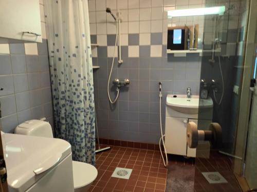 a bathroom with a shower and a toilet and a sink at Puistokatti Apartment in Vuokatti