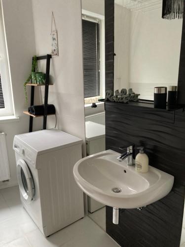 a bathroom with a sink and a washing machine at Apartament Sobieskiego in Zabrze