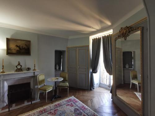 - un salon avec un miroir et une cheminée dans l'établissement château Mont Suzey, à Yvoy-le-Marron