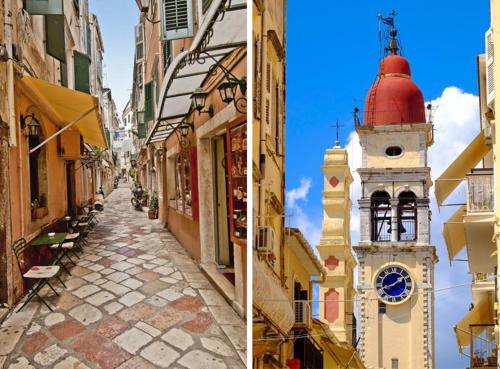 budynek z wieżą zegarową obok ulicy w obiekcie Sole e Luna Studio · Corfu Old Town w Korfu