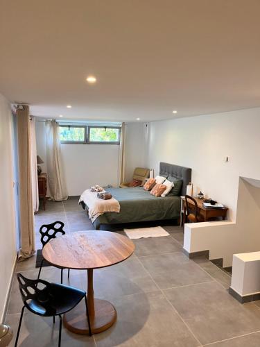 韋克桑地區紹蒙的住宿－Vexin Studio，一间卧室配有一张床和一张桌子
