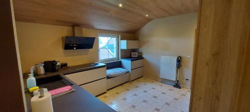 una pequeña cocina con fregadero y ventana en Nazareth logement Un Magnifique logement de vacances, en Bastogne