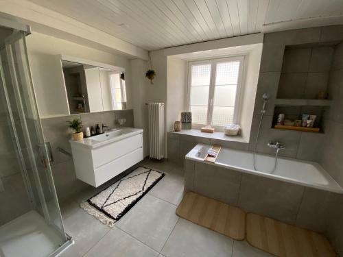 a bathroom with a shower and a tub and a sink at Ferienwohnung Blumerhaus in Mitlödi in Mitlödi