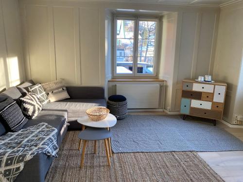 a living room with a couch and a table at Ferienwohnung Blumerhaus in Mitlödi in Mitlödi