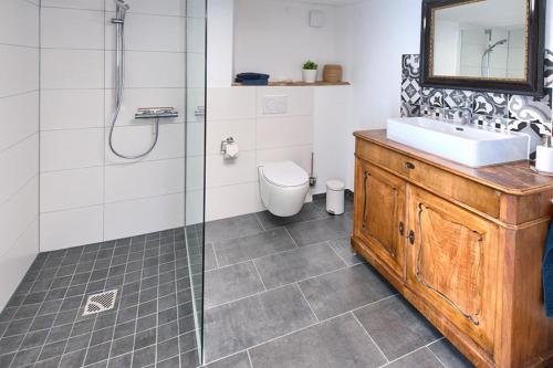 a bathroom with a sink and a toilet and a shower at Ferienwohnung Im Weingewölbe in Staufen im Breisgau