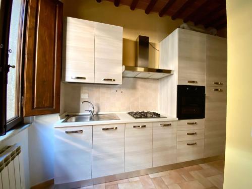 una cocina con armarios blancos y fregadero en Casa Toscanella & Girasole, en Pescia