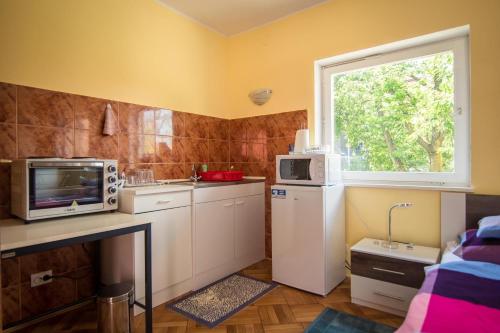 una pequeña cocina con microondas y ventana en Studio apartman Second Serve, en Samobor