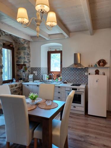 cocina con mesa, sillas y nevera en Rodanthe's Guest House, en Stemnitsa