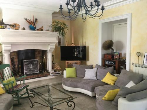 un salon avec un canapé et une cheminée dans l'établissement La Pierre Bleue / Chambres d'hôtes, à Saint-Martin-Vésubie