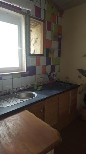 une cuisine avec un évier et une fenêtre dans l'établissement Gîte dans ancienne bergerie en pleine garrigue, à Fraissé-des-Corbières