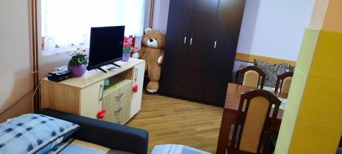 a room with a bedroom with a tv and a teddy bear at Vila Vasojević in Nova Varoš