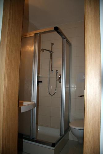 a bathroom with a shower and a toilet at Gaulbachhof in Naturno