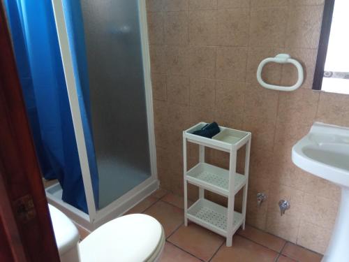 a bathroom with a shower and a toilet and a sink at Hotel Espadan in Azuébar