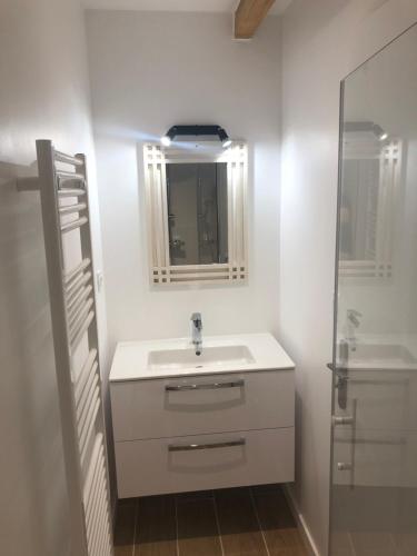 ein weißes Badezimmer mit einem Waschbecken und einem Spiegel in der Unterkunft studio (T1 bis) in Pessac