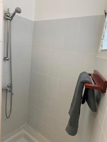 e bagno con doccia e asciugamano sullo scaffale. di Hibiscus Manganao 1905 a Saint-François