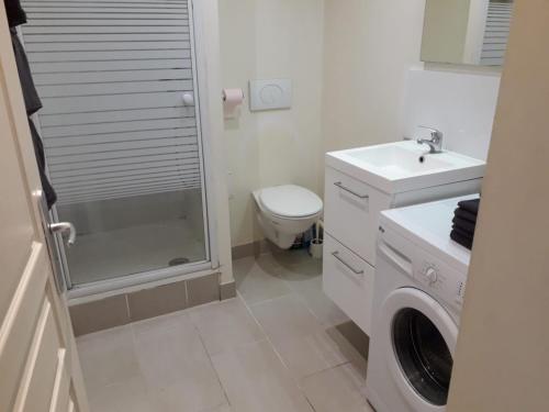 ein Badezimmer mit Toilette, Waschbecken und Waschmaschine in der Unterkunft LES LILAS in Les Lilas