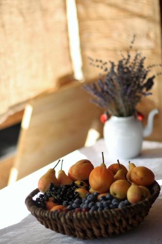 a basket of fruit on a table with a vase at Holiday Home Trnavsko in Bogojina