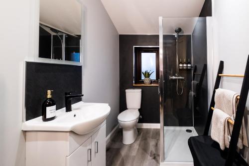 a bathroom with a sink and a toilet and a shower at No.70 in Bayble