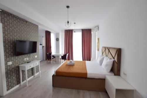 TunariiにあるGrey Residence Apartmentsのベッドとテレビが備わるホテルルームです。